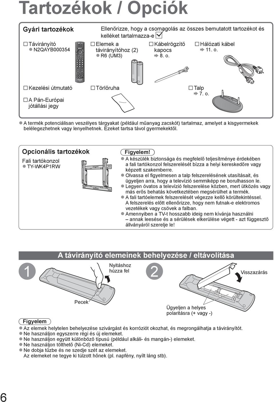 Ezeket tartsa távol gyermekektől. Opcionális tartozékok Fali tartókonzol TY-WK4P1RW Figyelem!