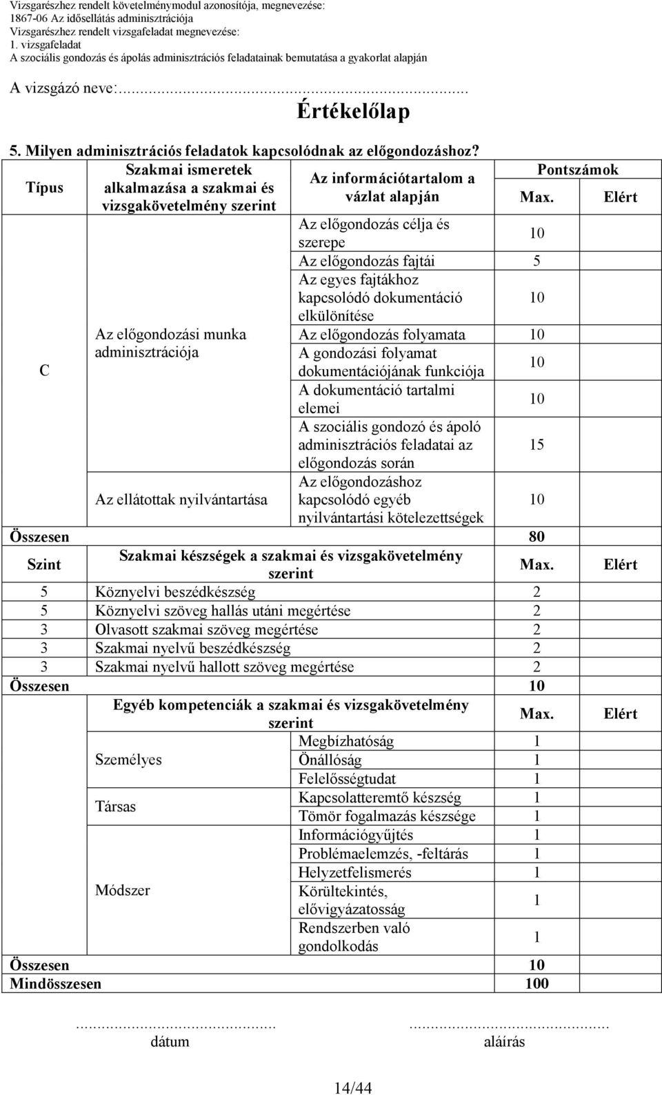 Elért vizsgakövetelmény szerint Az elıgondozás célja és szerepe Az elıgondozás fajtái Az egyes fajtákhoz kapcsolódó dokumentáció elkülönítése Az elıgondozási munka Az elıgondozás folyamata