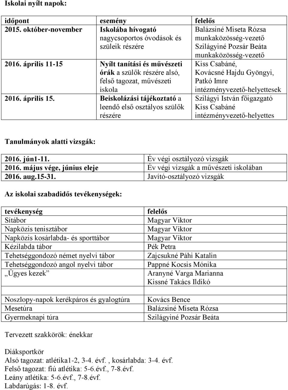 április 11-15 Nyílt tanítási és művészeti órák a szülők részére alsó, felső tagozat, művészeti iskola 2016. április 15.