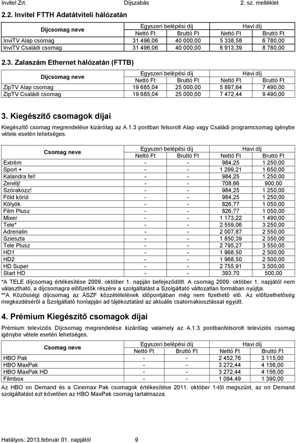 5897,64 7490,00 ZipTV Családi csomag 19685,04 25000,00 7472,44 9490,00 3. Kiegészítő csomagok díjai Kiegészítő csomag megrendelése kizárólag az A.1.3 pontban felsorolt Alap vagy Családi programcsomag igénybe vétele esetén lehetséges.