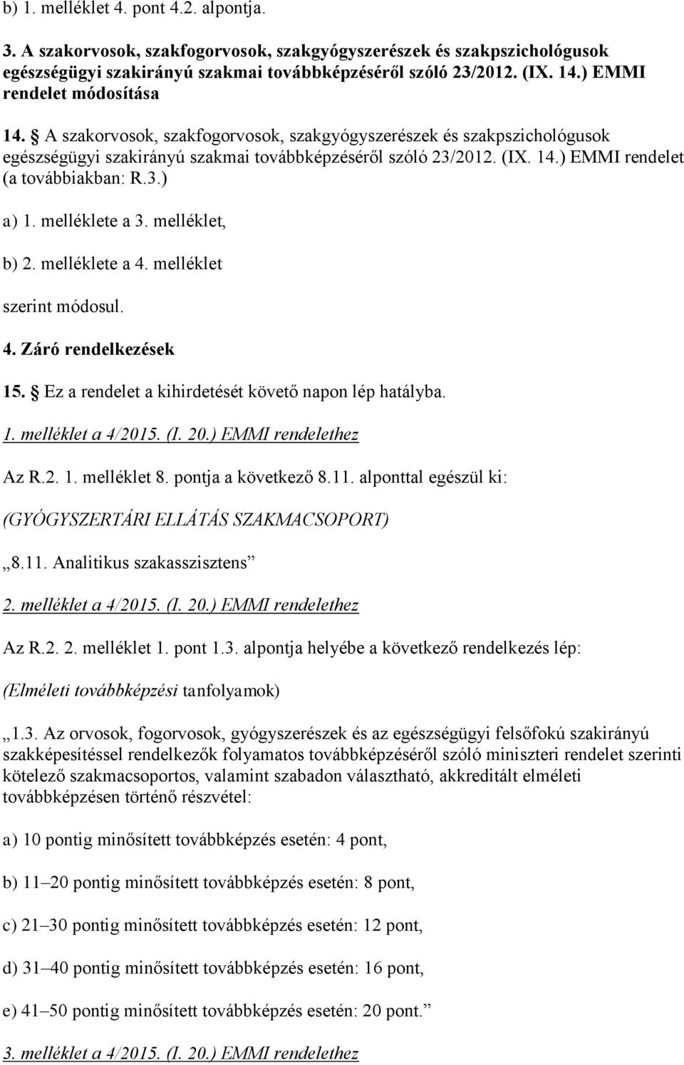 3.) a) 1. melléklete a 3. melléklet, b) 2. melléklete a 4. melléklet szerint módosul. 4. Záró rendelkezések 15. Ez a rendelet a kihirdetését követő napon lép hatályba. 1. melléklet a 4/2015. (I. 20.