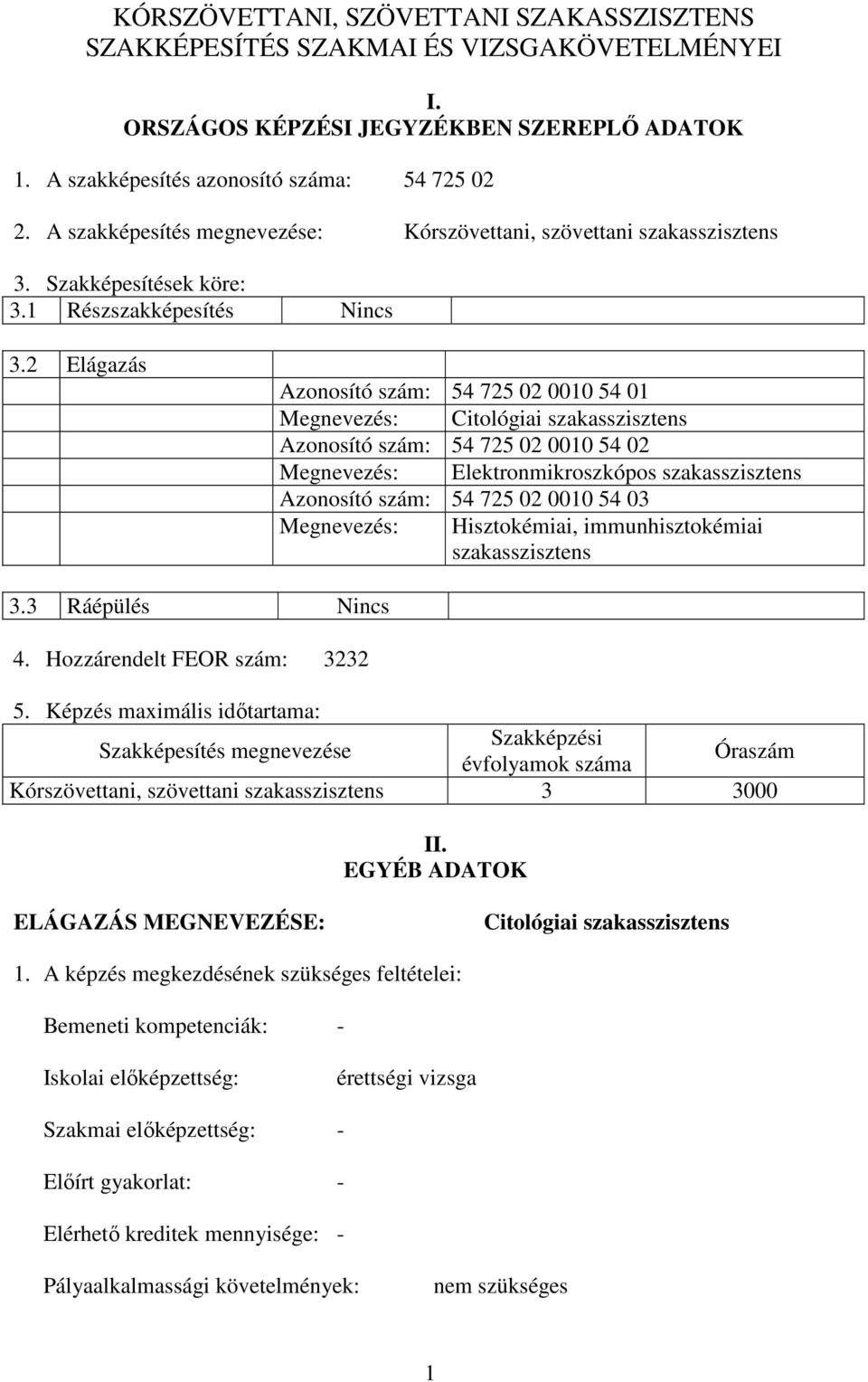 2 Elágazás zonosító szám: 54 725 02 0010 54 01 Megnevezés: itológiai szakasszisztens zonosító szám: 54 725 02 0010 54 02 Megnevezés: Elektronmikroszkópos szakasszisztens zonosító szám: 54 725 02 0010