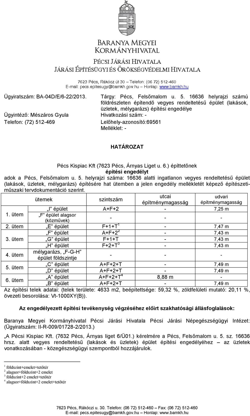 Lelőhely-azonosító:69561 Melléklet: - HATÁROZAT Pécs Kispiac Kft (7623 Pécs, Árnyas Liget u. 6.) építtetőnek építési engedélyt adok a Pécs, Felsőmalom u. 5.