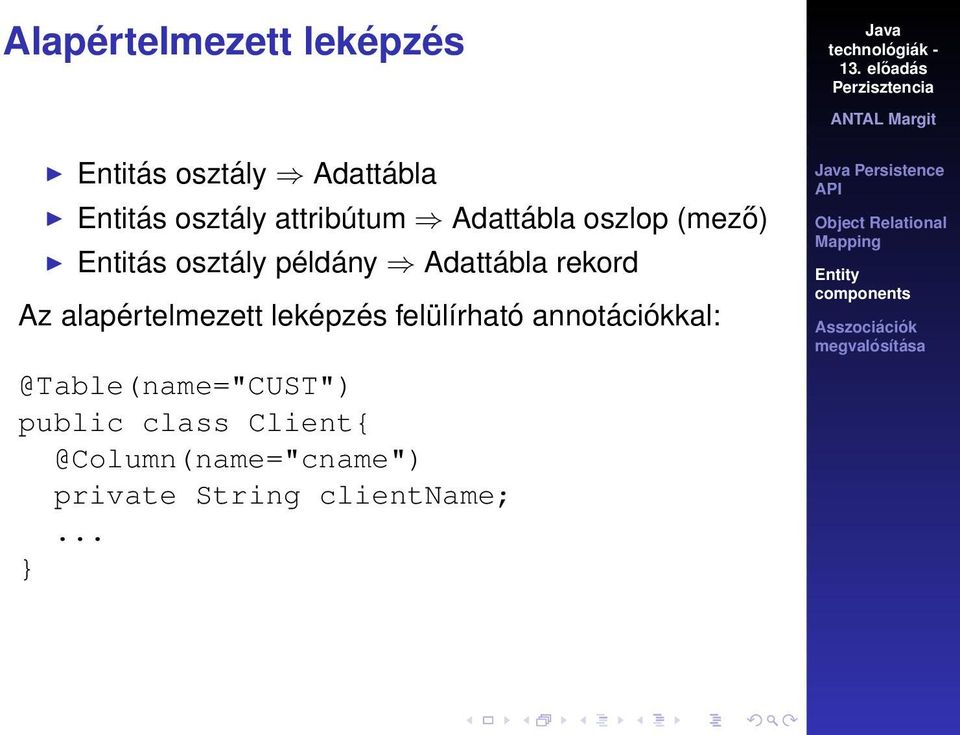 rekord Az alapértelmezett leképzés felülírható annotációkkal: