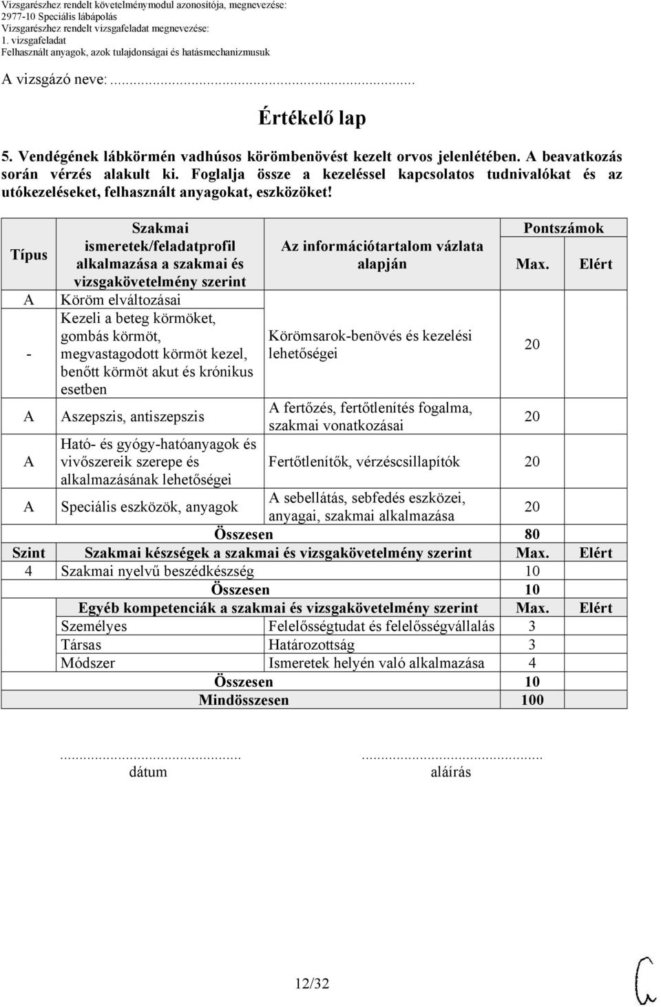 Típus - Szakmai ismeretek/feladatprofil alkalmazása a szakmai és vizsgakövetelmény szerint Köröm elváltozásai Kezeli a beteg körmöket, gombás körmöt, megvastagodott körmöt kezel, benőtt körmöt akut