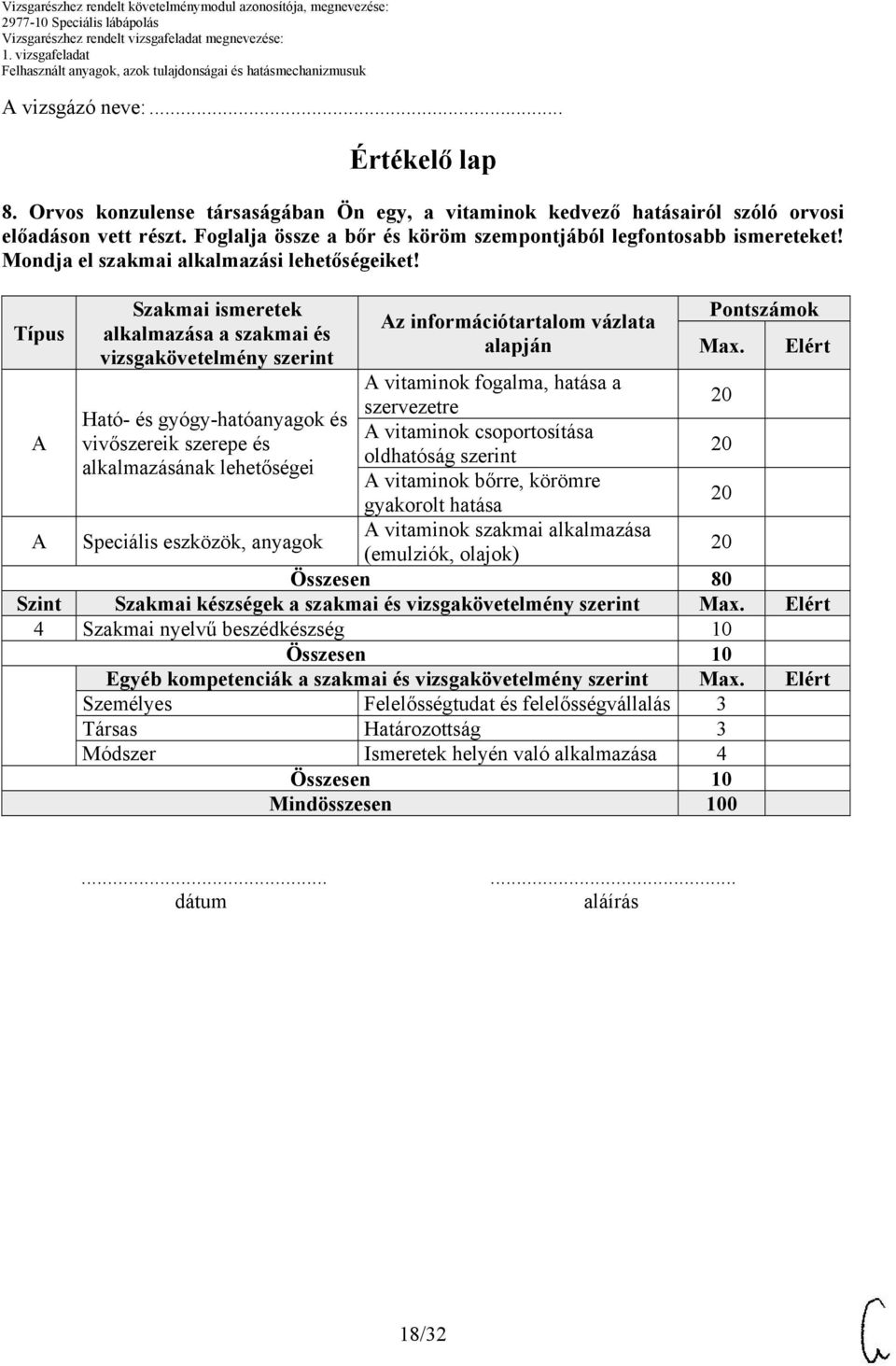 Típus Szakmai ismeretek alkalmazása a szakmai és vizsgakövetelmény szerint z információtartalom vázlata alapján Pontszámok Max.