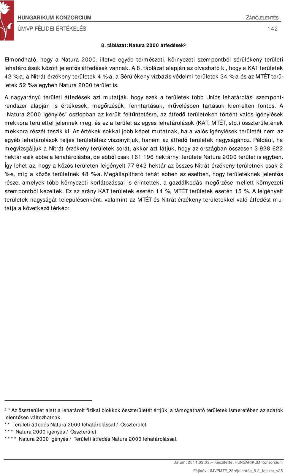 táblázat alapján az olvasható ki, hogy a KAT területek 42 %-a, a Nitrát érzékeny területek 4 %-a, a Sérülékeny vízbázis védelmi területek 34 %-a és az MTÉT területek 52 %-a egyben Natura 2000 terület