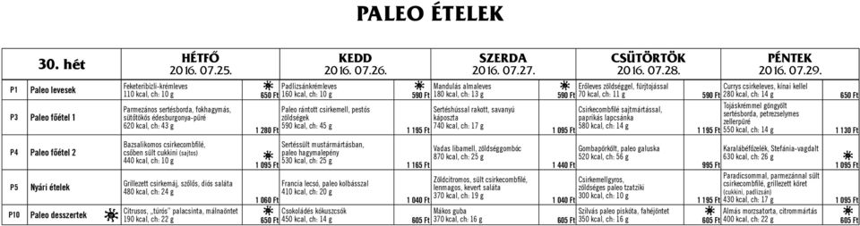 sütőtökös édesburgonya-püré 620 kcal, ch: 43 g Bazsalikomos csirkecombfilé, csőben sült cukkini (sajtos) 440 kcal, ch: 10 g Grillezett csirkemáj, szőlős, diós saláta 480 kcal, ch: 24 g 1 280 Ft 1 095