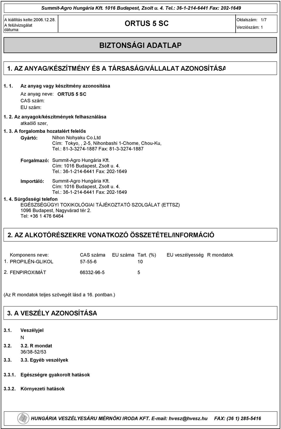 : 81-3-3274-1887 Fax: 81-3-3274-1887 Forgalmazó: Summit-Agro Hungária Kft. Cím: 1016 Budapest, Zsolt u. 4. Tel.: 36-1-214-6441 Fax: 202-164 Importáló: Summit-Agro Hungária Kft.
