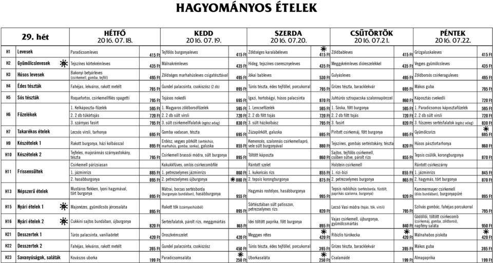 csigatésztával 495 Ft Jókai bableves 530 Ft Gulyásleves 495 Ft Zöldborsós csirkeraguleves 495 Ft H4 Édes tészták Fahéjas, lekváros, rakott metélt H5 Sós tészták Roquefortos, csirkemellfilés spagetti