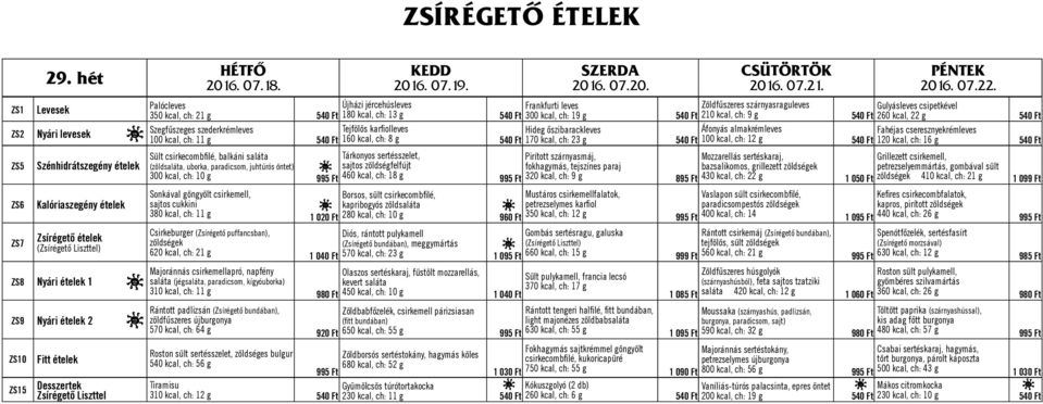 kcal, ch: 19 g 540 Ft Tejfölös karfiolleves Hideg őszibarackleves 160 kcal, ch: 8 g 540 Ft 170 kcal, ch: 23 g 540 Ft Zöldfűszeres szárnyasraguleves Gulyásleves csipetkével 210 kcal, ch: 9 g 540 Ft