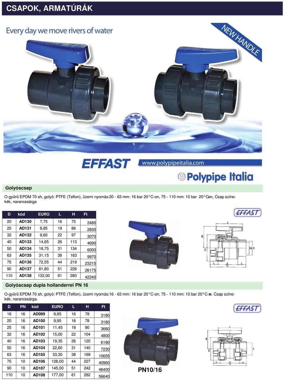 26175 110 AD138 132,00 61 280 42240 Golyóscsap dupla hollanderrel PN 16 O-gyűrű EPDM 70 sh, golyó: PTFE (Teflon), üzemi nyomás:16-63 mm: 16 bar 20 C-on, 75-110 mm: 10 bar 20 C-on Csap színe: kék,