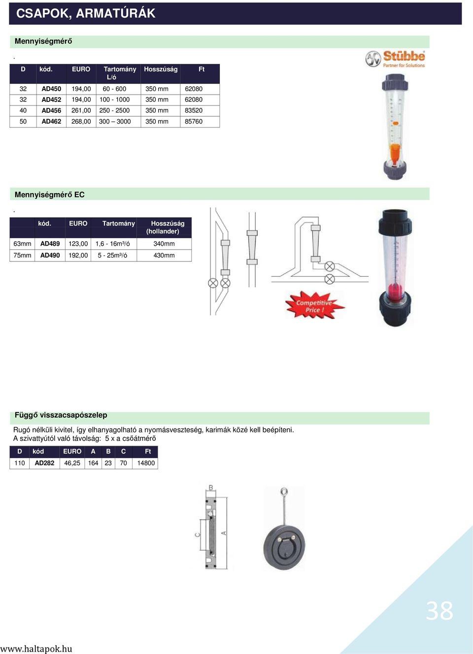 AD489 123,00 1,6-16m³/ó 75mm AD490 192,00 5-25m³/ó 340mm 430mm Függő visszacsapószelep Rugó nélküli kivitel, így elhanyagolható a