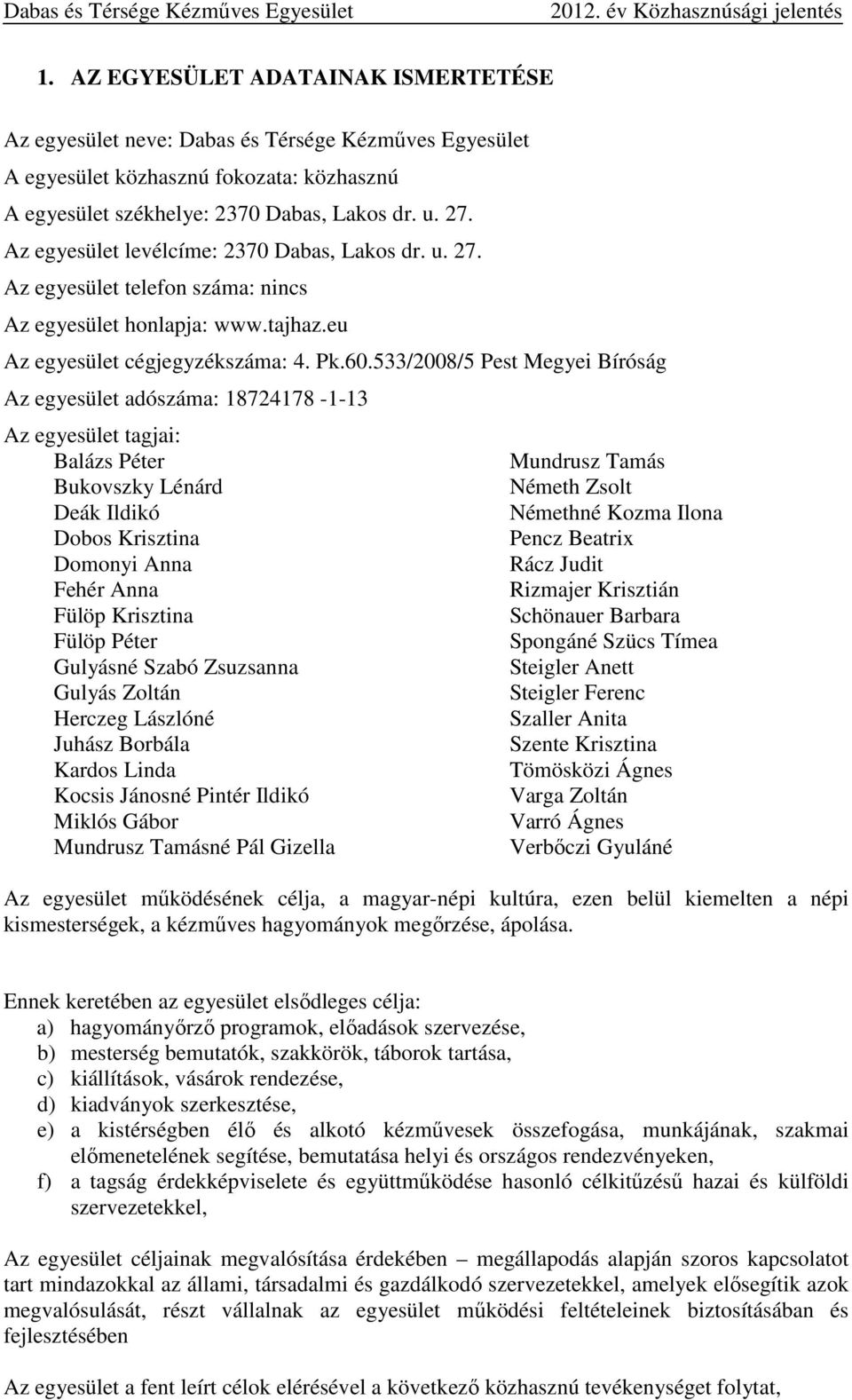 533/2008/5 Pest Megyei Bíróság Az egyesület adószáma: 18724178-1-13 Az egyesület tagjai: Balázs Péter Bukovszky Lénárd Deák Ildikó Dobos Krisztina Domonyi Anna Fehér Anna Fülöp Krisztina Fülöp Péter