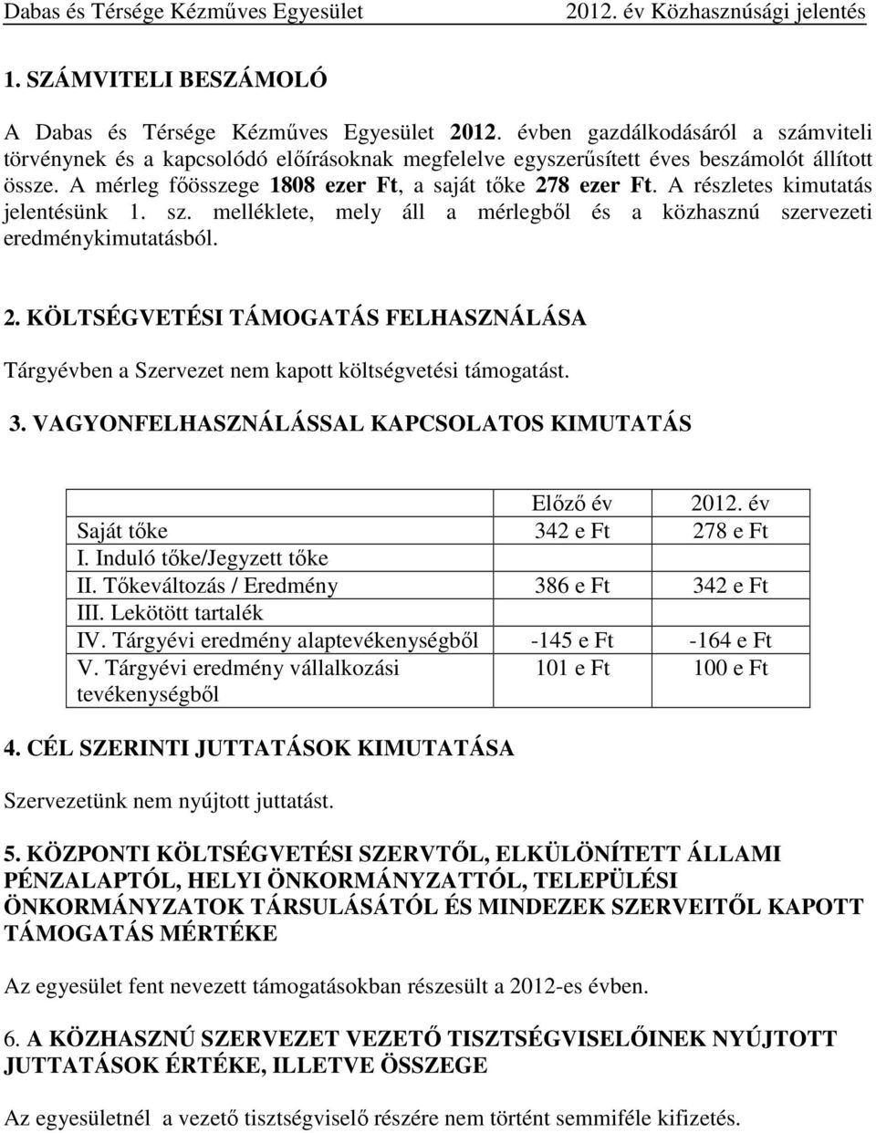 3. VAGYONFELHASZNÁLÁSSAL KAPCSOLATOS KIMUTATÁS Előző év 2012. év Saját tőke 342 e Ft 278 e Ft I. Induló tőke/jegyzett tőke II. Tőkeváltozás / Eredmény 386 e Ft 342 e Ft III. Lekötött tartalék IV.