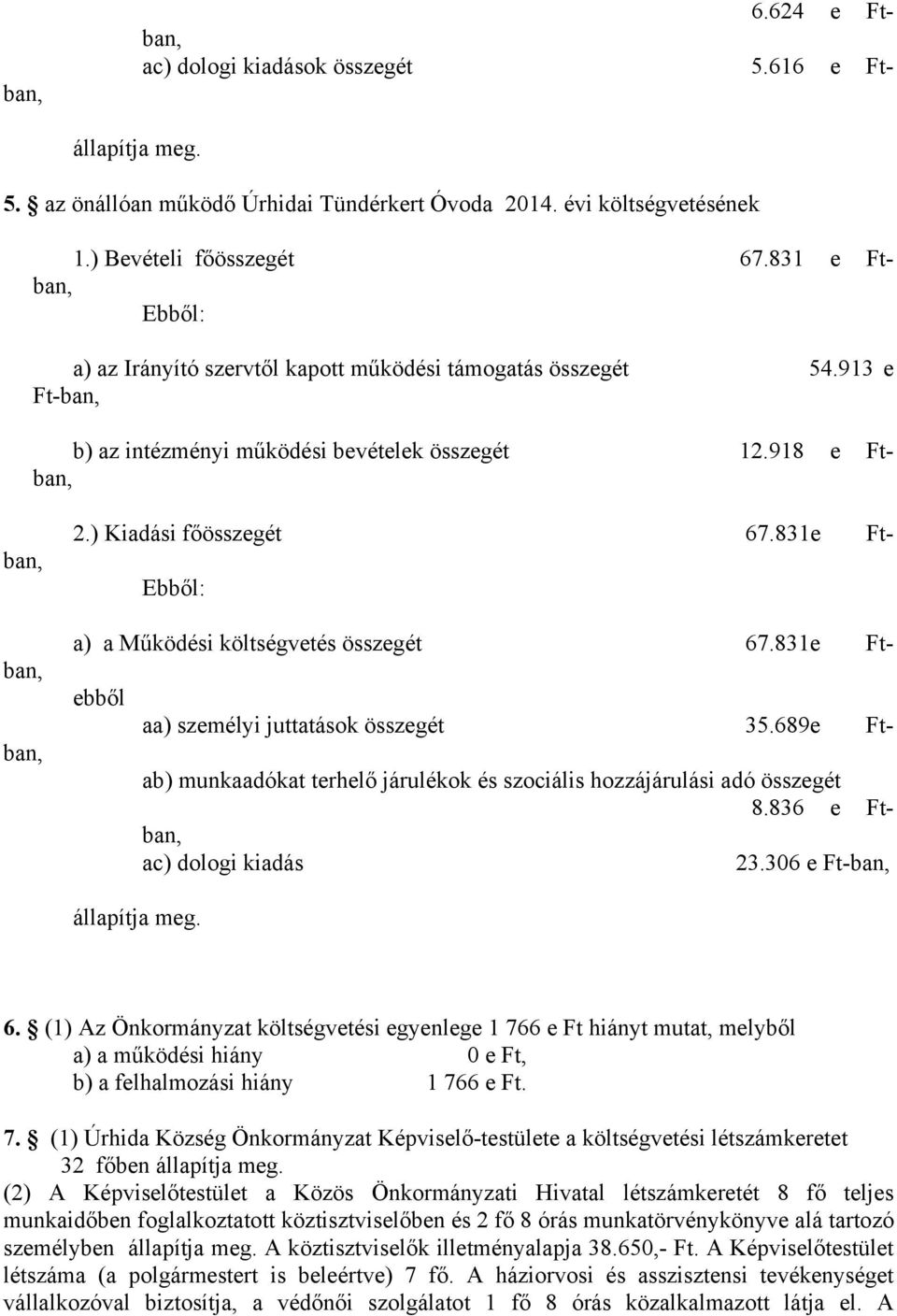 831e Ftban, a) a Működési költségvetés összegét 67.831e Ftban, aa) személyi juttatások összegét 35.689e Ftban, ab) munkaadókat terhelő járulékok és szociális hozzájárulási adó összegét 8.