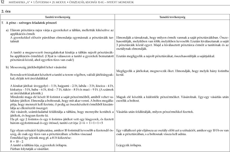 egymásnak a pénztárcáik tartalmát A tanító a megnevezett összegalakokat kirakja a táblán rajzolt pénztárcákba applikációs érmékkel.