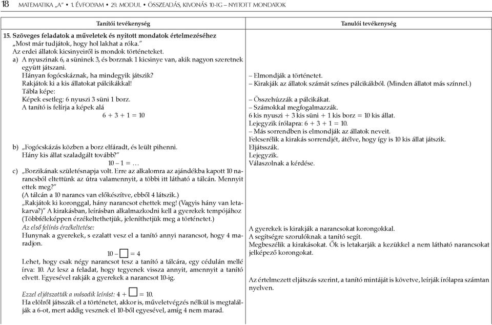 a) A nyuszinak 6, a süninek 3, és borznak 1 kicsinye van, akik nagyon szeretnek együtt játszani. Hányan fogócskáznak, ha mindegyik játszik? Rakjátok ki a kis állatokat pálcikákkal!