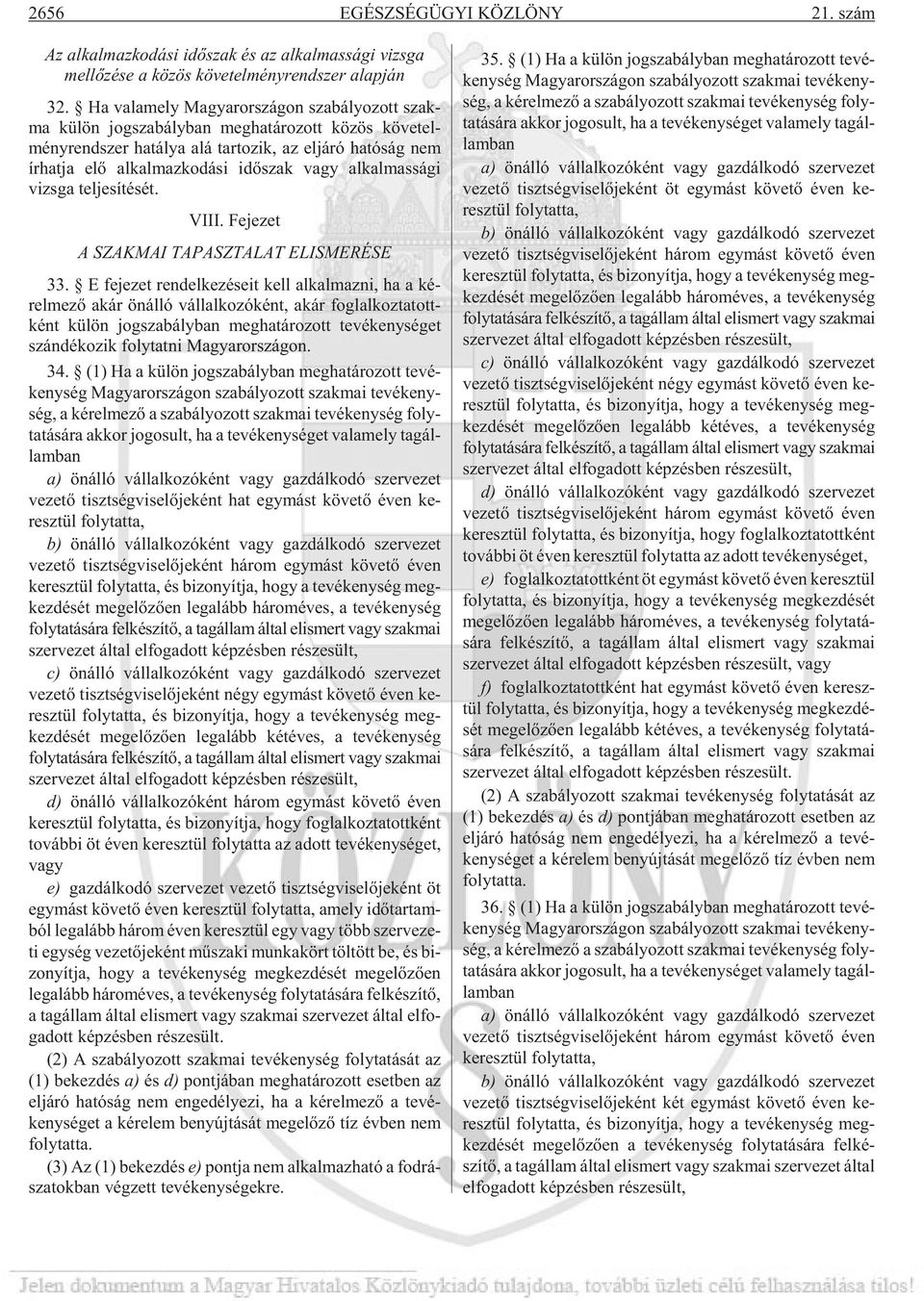 elõ al kal maz ko dá si idõ szak vagy al kal mas sá gi vizs ga tel je sí té sét. VIII. Fejezet A SZAKMAI TAPASZTALAT ELISMERÉSE 33.