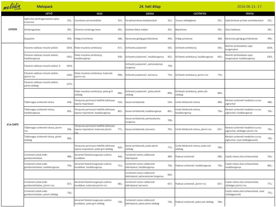 Hideg szilvaleves 368,- Narancsos görög gyümölcsleves 459,- Fűszeres vadlazac mozaik salátán 1034,- Paleo mustáros sertéstarja 671,- Grillezett pulykamell 565,- Grillezett sertéskaraj 565,- 1034,-
