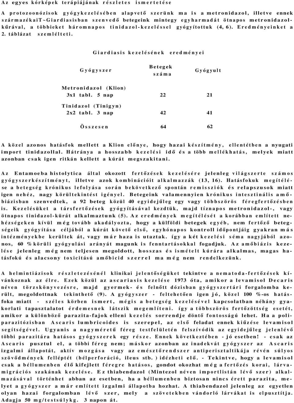 Giardiasis kezelésének eredményei Gyógyszer Betegek száma Gyógyult Metronidazol (Klion) 3x1 tabl. 5 nap 22 21 Tinidazol (Tinigyn) 2x2 tabl.