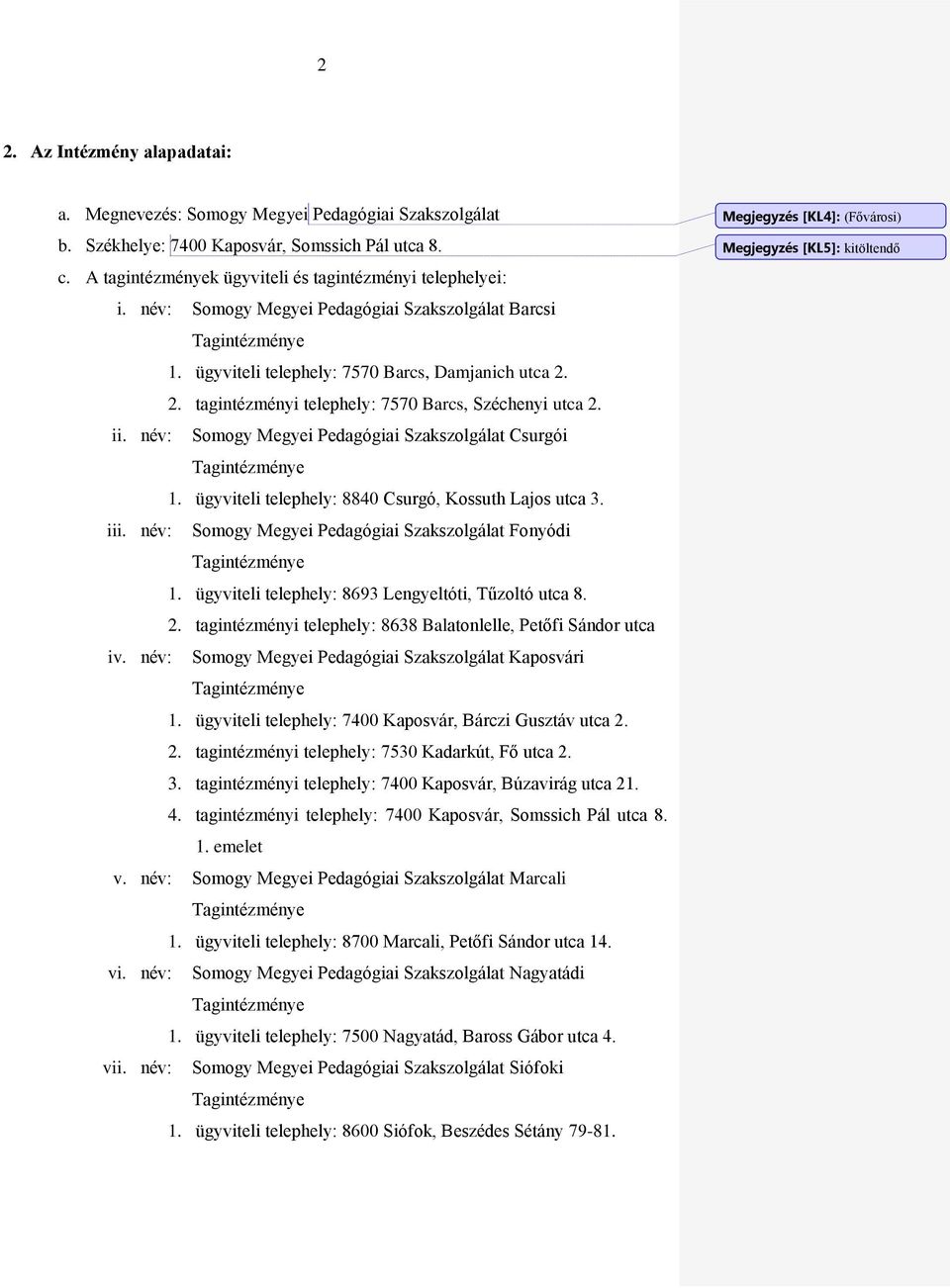 név: Somogy Megyei Pedagógiai Szakszolgálat Csurgói Tagintézménye 1. ügyviteli telephely: 8840 Csurgó, Kossuth Lajos utca 3. iii. név: Somogy Megyei Pedagógiai Szakszolgálat Fonyódi Tagintézménye 1.