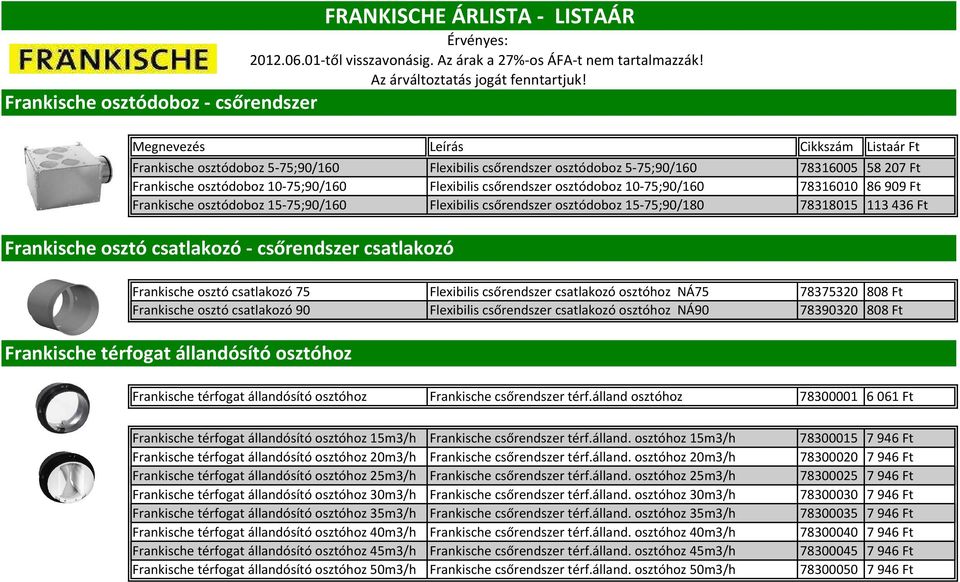 FRANKISCHE ÁRLISTA - LISTAÁR Érvényes: 2012.06.01-től visszavonásig. Az árak a 27%-os ÁFA-t nem tartalmazzák! Az árváltoztatás jogát fenntartjuk!