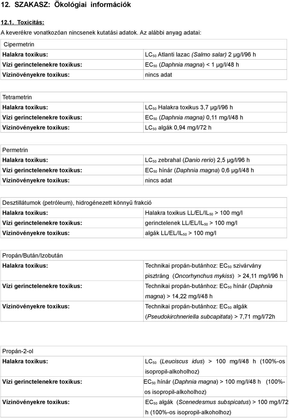 Tetrametrin Halakra toxikus: Vízi gerinctelenekre toxikus: Vízinövényekre toxikus: LC 50 Halakra toxikus 3,7 μg/l/96 h EC 50 (Daphnia magna) 0,11 mg/l/48 h LC 50 algák 0,94 mg/l/72 h Permetrin