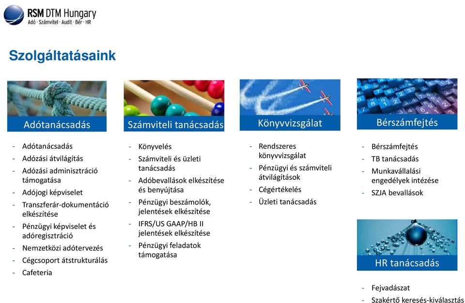 Adóbevallások elkészítése és benyújtása - Pénzügyi beszámolók, jelentések elkészítése - IFRS/US GAAP/HB II jelentések elkészítése - Pénzügyi feladatok támogatása - Rendszeres könyvvizsgálat -
