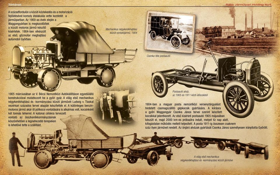 Mechanikus négykerékhajtású közúti vontatójármű, 1904 Csonka-féle postaautó 1905 márciusában az V. Bécsi Nemzetközi Autókiállításon egyedülálló konstrukcióval mutatkozott be a győri gyár.