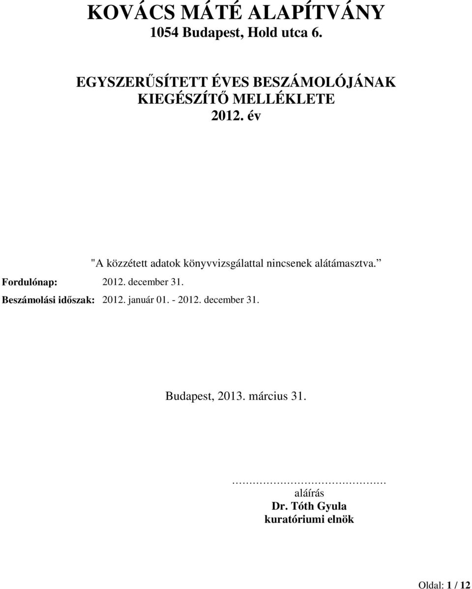 év "A közzétett adatok könyvvizsgálattal nincsenek alátámasztva. Fordulónap: 2012.