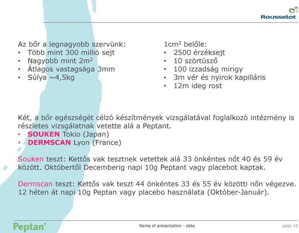 Peptant. SOUKEN Tokio (Japan) DERMSCAN Lyon (France) Souken teszt: Kettős vak tesztnek vetettek alá 33 önkéntes nőt 40 és 59 év között.