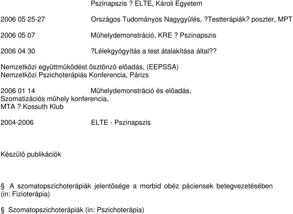 ? Nemzetközi együttmûködést ösztönzõ elõadás, (EEPSSA) Nemzetközi Pszichoterápiás Konferencia, Párizs 2006 01 14 Mûhelydemonstráció és elõadás,