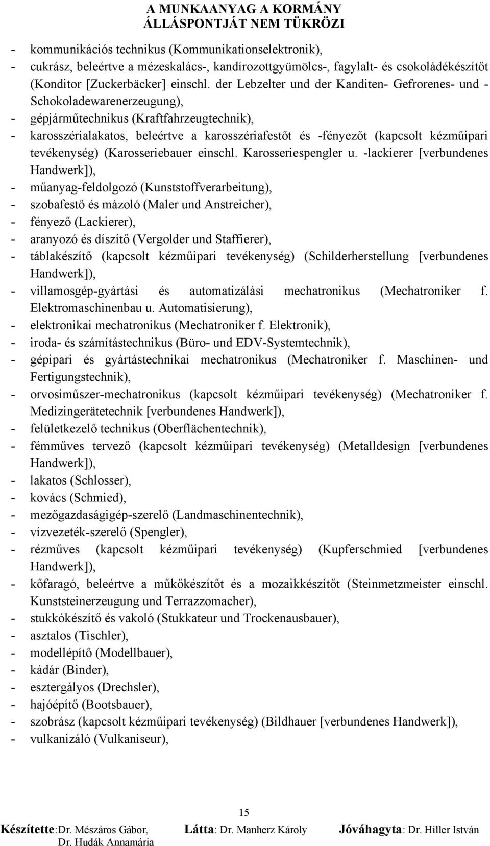 kézműipari tevékenység) (Karosseriebauer einschl. Karosseriespengler u.