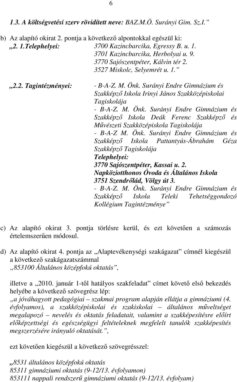 M. Önk. Surányi Endre Gimnázium és Szakképző Iskola Deák Ferenc Szakképző és Művészeti Szakközépiskola Tagiskolája - B-A-Z M. Önk. Surányi Endre Gimnázium és Szakképző Iskola Pattantyús-Ábrahám Géza Szakképző Tagiskolája Telephelyei: 3770 Sajószentpéter, Kassai u.