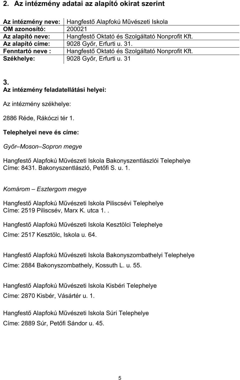 Az intézmény feladatellátási helyei: Az intézmény székhelye: 2886 Réde, Rákóczi tér 1.
