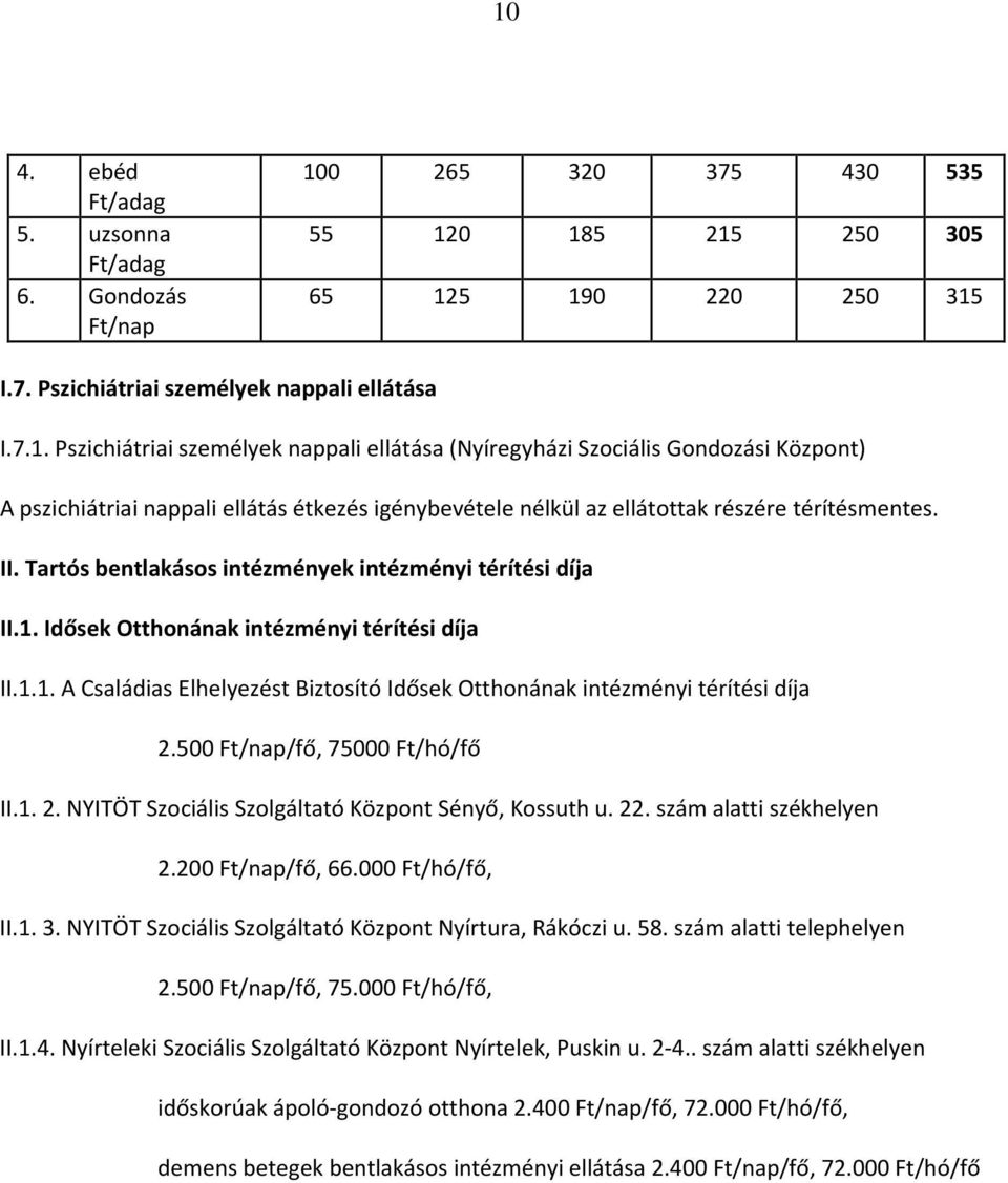 500 Ft/nap/fő, 75000 Ft/hó/fő II.1. 2. NYITÖT Szociális Szolgáltató Központ Sényő, Kossuth u. 22. szám alatti székhelyen 2.200 Ft/nap/fő, 66.000 Ft/hó/fő, II.1. 3.