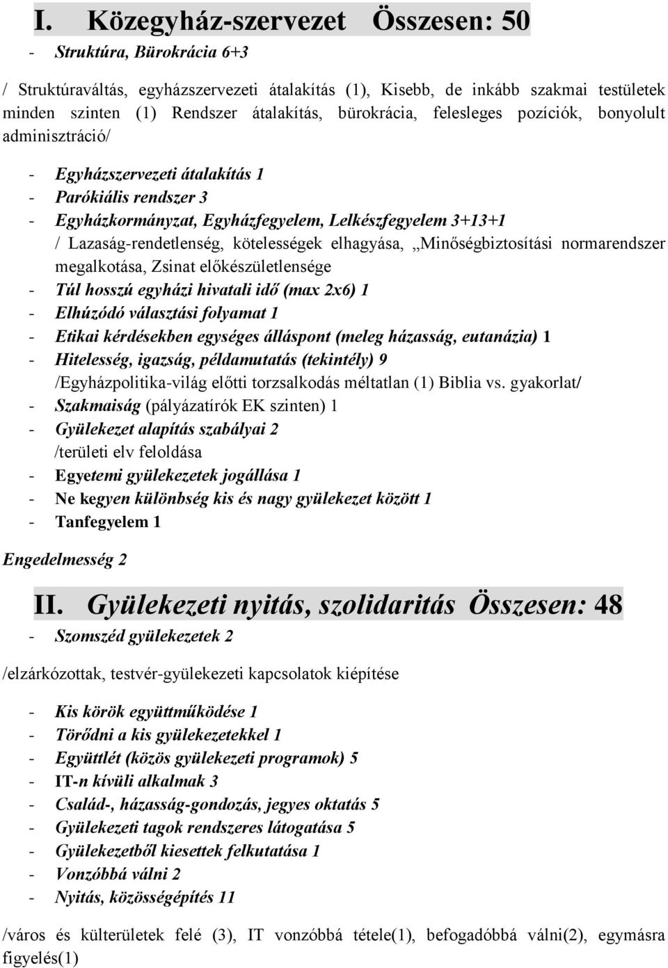 kötelességek elhagyása, Minőségbiztosítási normarendszer megalkotása, Zsinat előkészületlensége - Túl hosszú egyházi hivatali idő (max 2x6) 1 - Elhúzódó választási folyamat 1 - Etikai kérdésekben