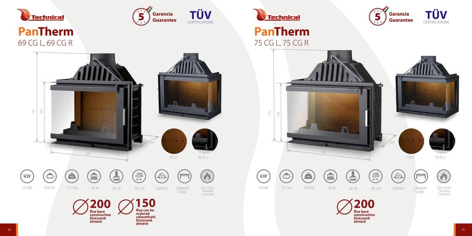 Option Lábazat Zárt tűztér / Legs 150 flue can be ordered választható