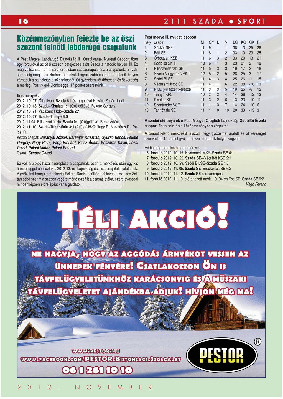 Tahitótfalu SE A Pest Megyei Labdarúgó Bajnokság III. Osztályának Nyugati Csoportjában egy fordulóval az ôszi szezon befejezése elôtt Szada a hatodik helyen áll.