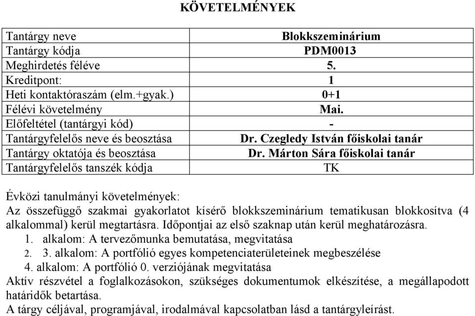 Időpontjai az első szaknap után kerül meghatározásra. 1. alkalom: A tervezőmunka bemutatása, megvitatása 2. 3.