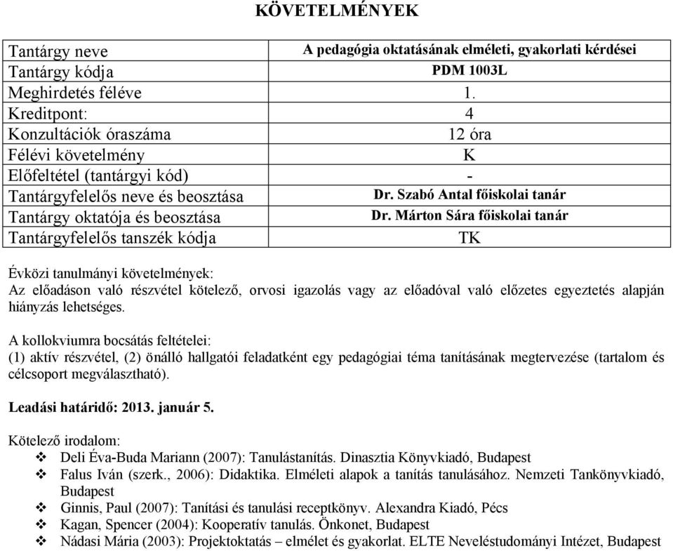 A kollokviumra bocsátás feltételei: (1) aktív részvétel, (2) önálló hallgatói feladatként egy pedagógiai téma tanításának megtervezése (tartalom és célcsoport megválasztható). Leadási határidő: 2013.