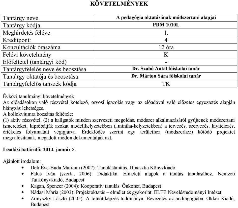 A kollokviumra bocsátás feltétele: (1) aktív részvétel, (2) a hallgatók minden szervezeti megoldás, módszer alkalmazásáról gyűjtenek módszertani ismereteket, kipróbálják azokat modellhelyzetekben (