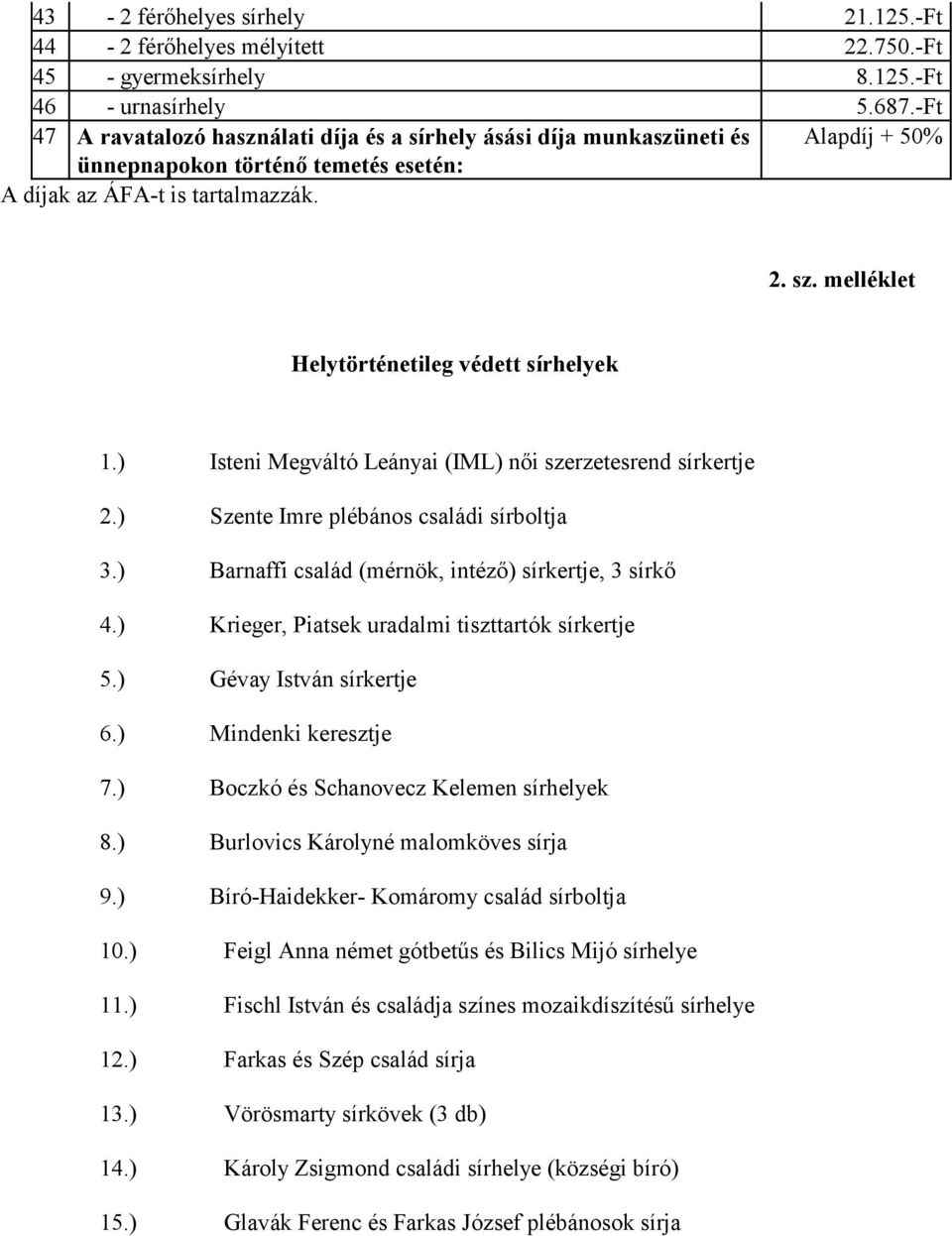 melléklet Helytörténetileg védett sírhelyek 1.) Isteni Megváltó Leányai (IML) női szerzetesrend sírkertje 2.) Szente Imre plébános családi sírboltja 3.