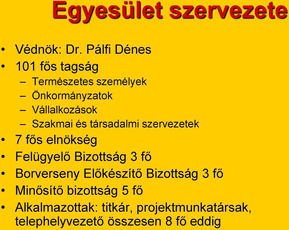 Szakmai és társadalmi szervezetek 7 fős elnökség Felügyelő Bizottság 3 fő