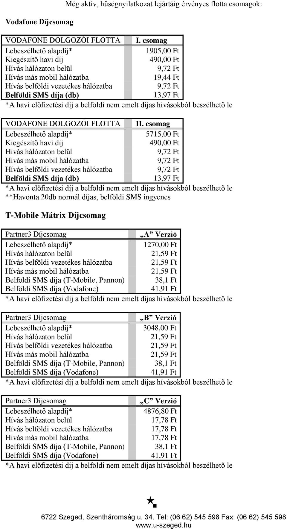 (db) 13,97 Ft *A havi előfizetési díj a belföldi nem emelt díjas hívásokból beszélhető le VODAFONE DOLGOZÓI FLOTTA II.