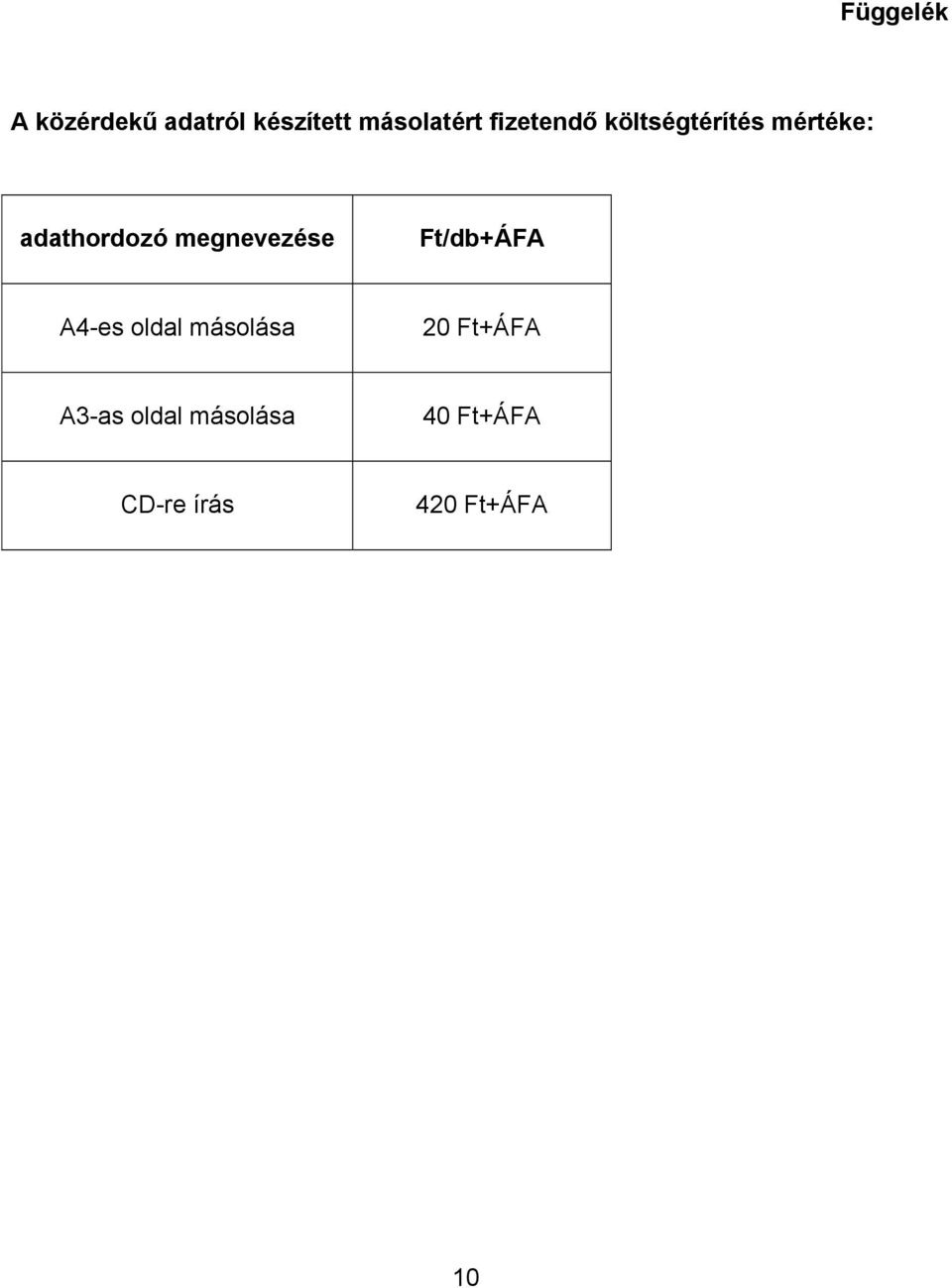 megnevezése Ft/db+ÁFA A4-es oldal másolása 20