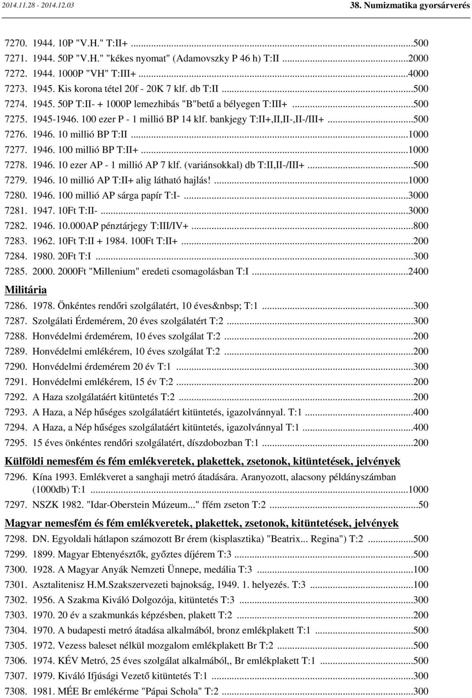 ..1000 7277. 1946. 100 millió BP T:II+...1000 7278. 1946. 10 ezer AP - 1 millió AP 7 klf. (variánsokkal) db T:II,II-/III+...500 7279. 1946. 10 millió AP T:II+ alig látható hajlás!...1000 7280. 1946. 100 millió AP sárga papír T:I-.