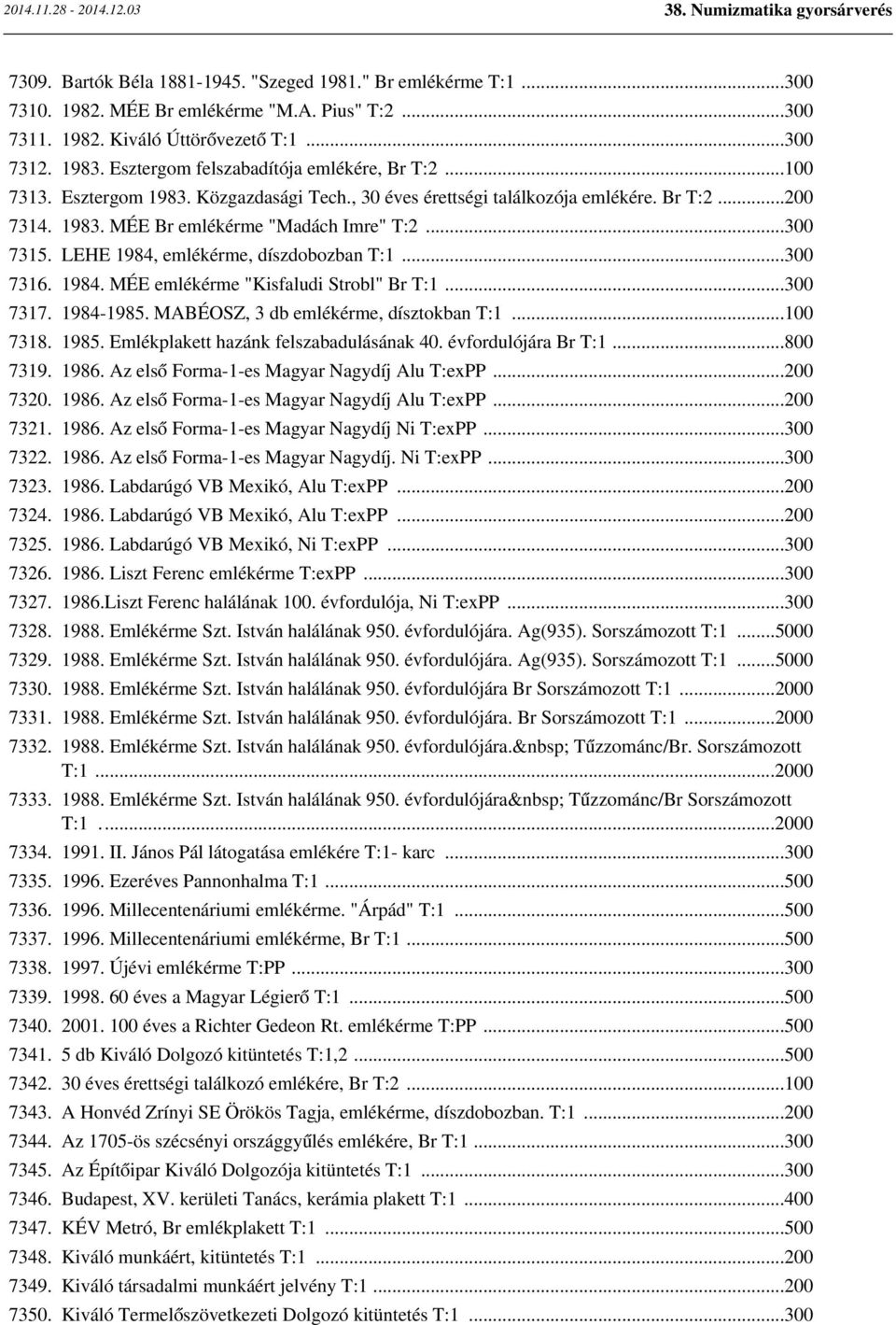 LEHE 1984, emlékérme, díszdobozban T:1...300 7316. 1984. MÉE emlékérme "Kisfaludi Strobl" Br T:1...300 7317. 1984-1985. MABÉOSZ, 3 db emlékérme, dísztokban T:1...100 7318. 1985.