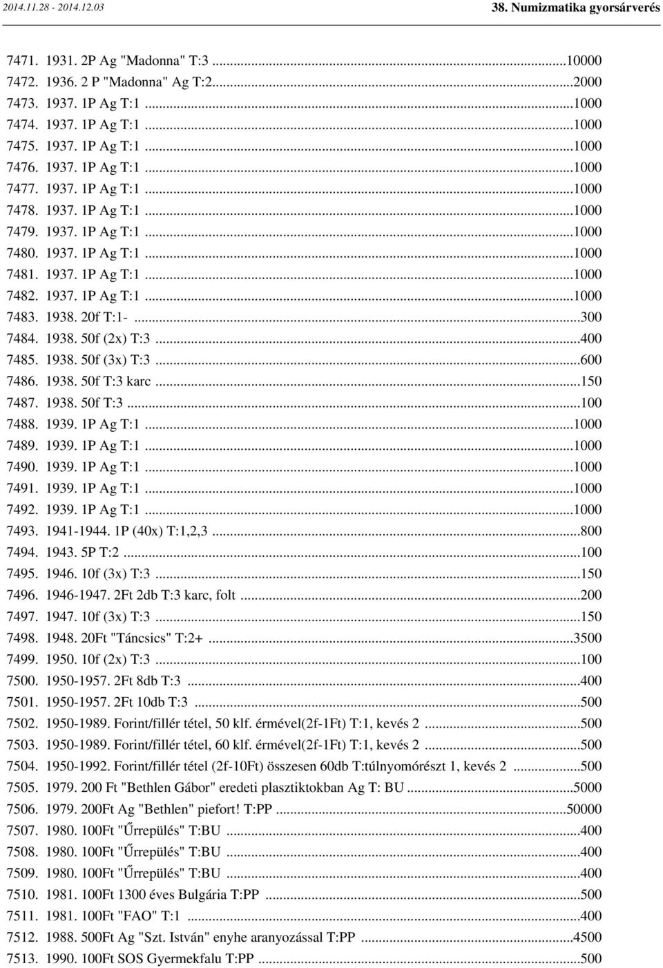 1938. 50f (2x) T:3...400 7485. 1938. 50f (3x) T:3...600 7486. 1938. 50f T:3 karc...150 7487. 1938. 50f T:3...100 7488. 1939. 1P Ag T:1...1000 7489. 1939. 1P Ag T:1...1000 7490. 1939. 1P Ag T:1...1000 7491.